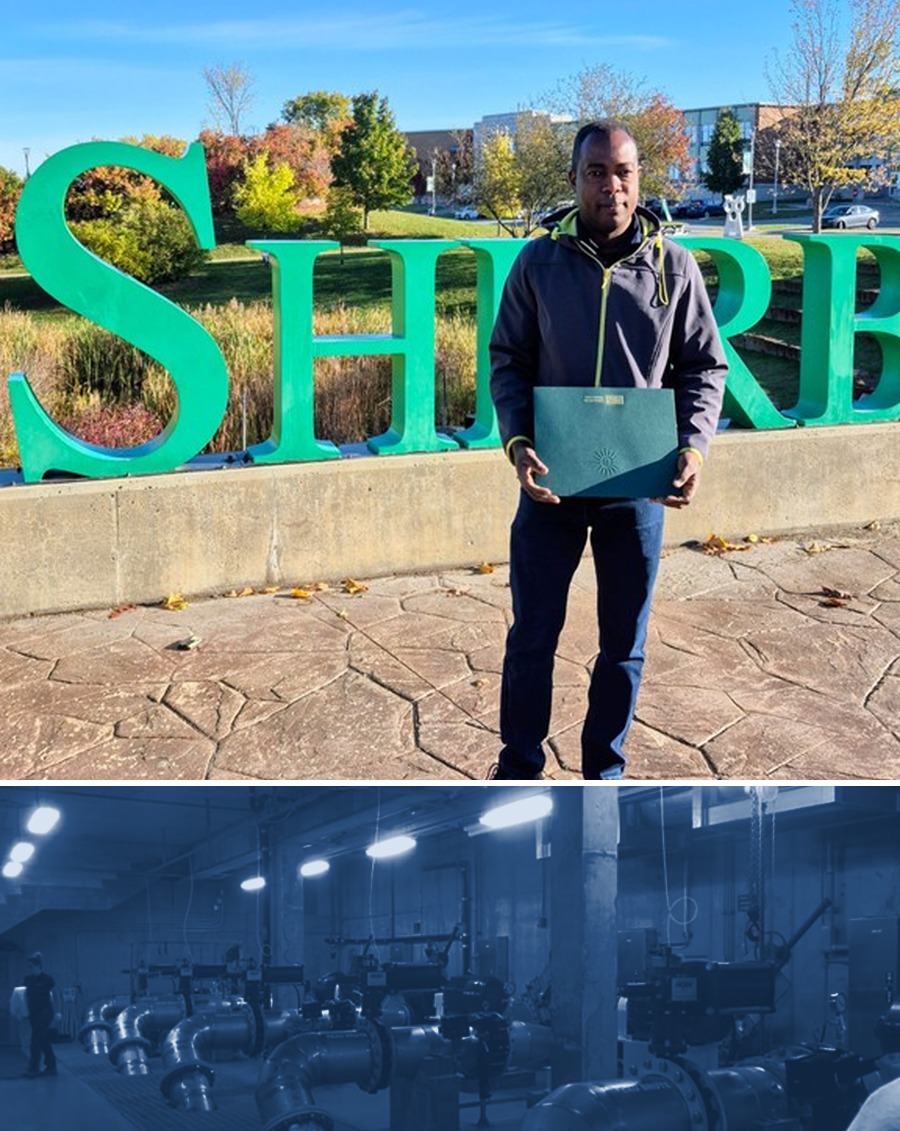 Komla Alokpa at Université de Sherbrooke, with a water treatment pump station below